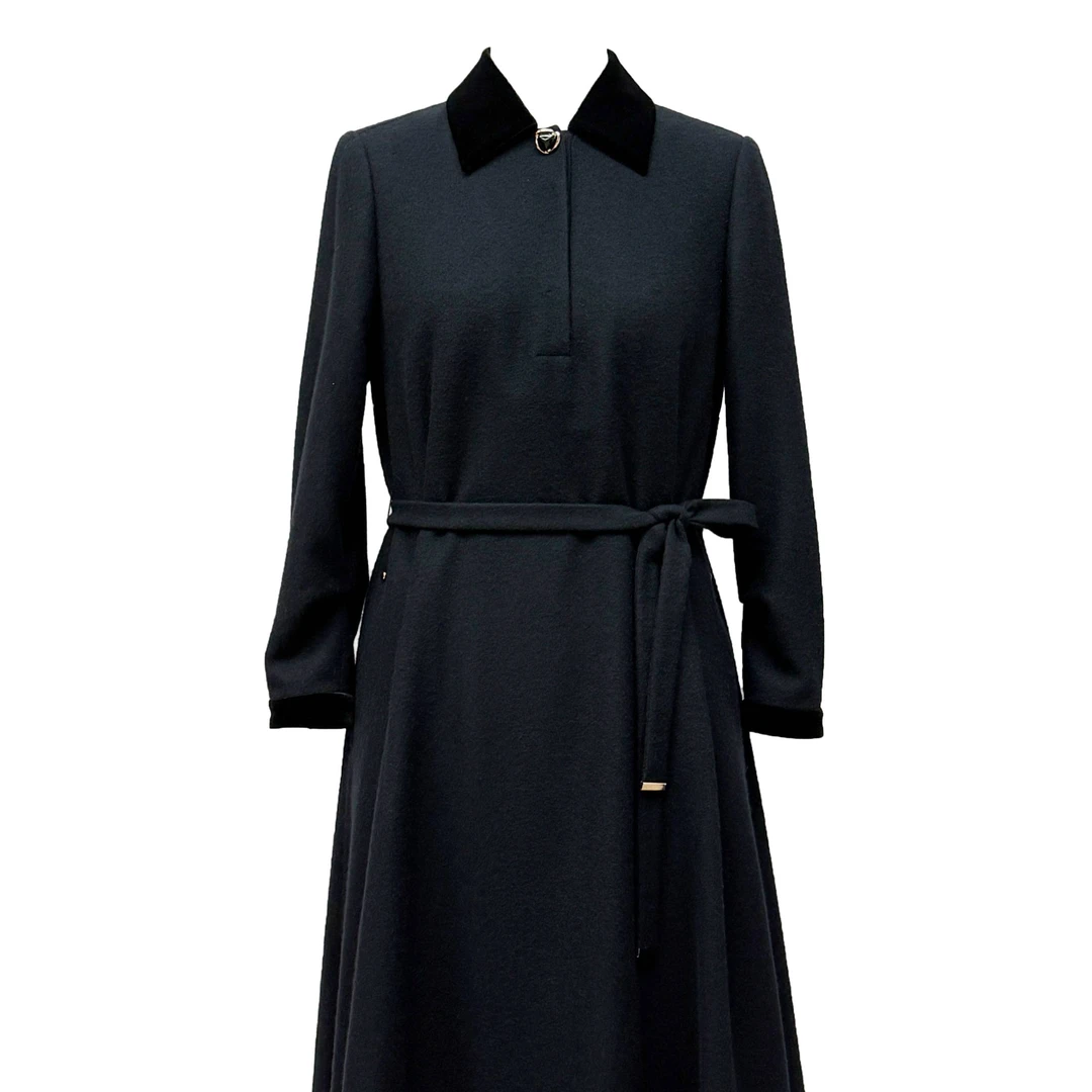 TENGS滕氏女装冬季新款高级优雅收腰黑色拉链连衣裙显瘦