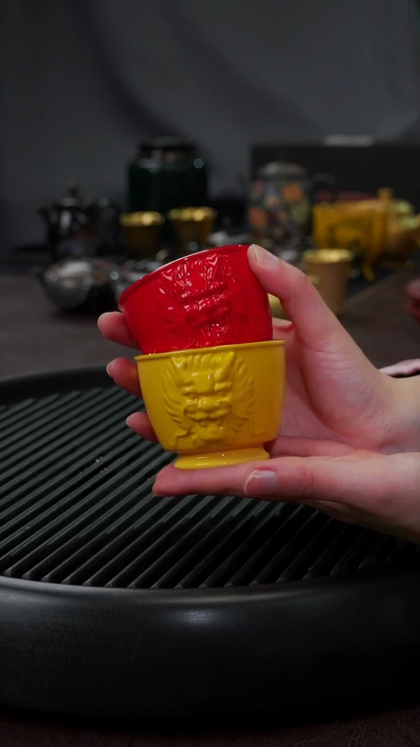 【闪购商品】杯【宜景窑中国红帝王黄鎏金】虎啸龙吟套组