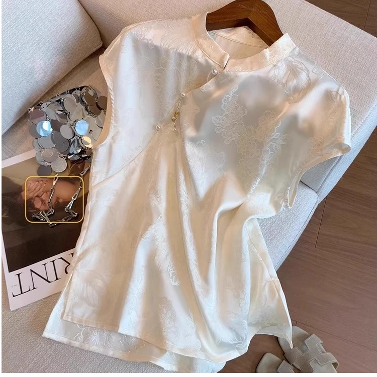 夏季新款新中式暗纹提花小众缎面无袖上衣女气质温柔斜襟盘扣衬衫