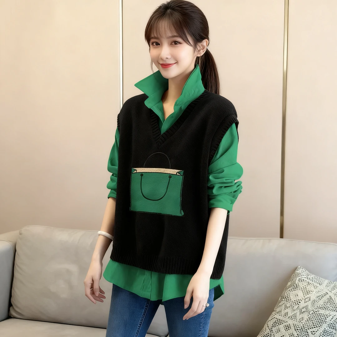 秋冬内搭新款穿搭v领无袖提花马甲+绿色polo领长袖宽松衬衫两件套