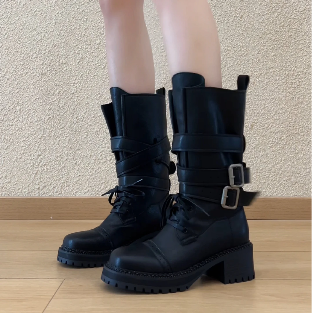 Elingjk/5.5cm小个子方头系带百搭复古皮带扣粗跟短筒马丁靴