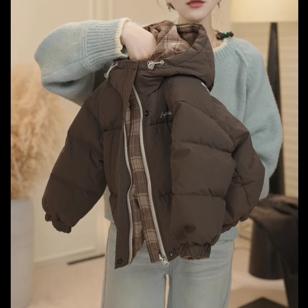 现货-【兔小呗】冬装儿童韩版复古格双面穿休闲宽松连帽棉服SJ4518