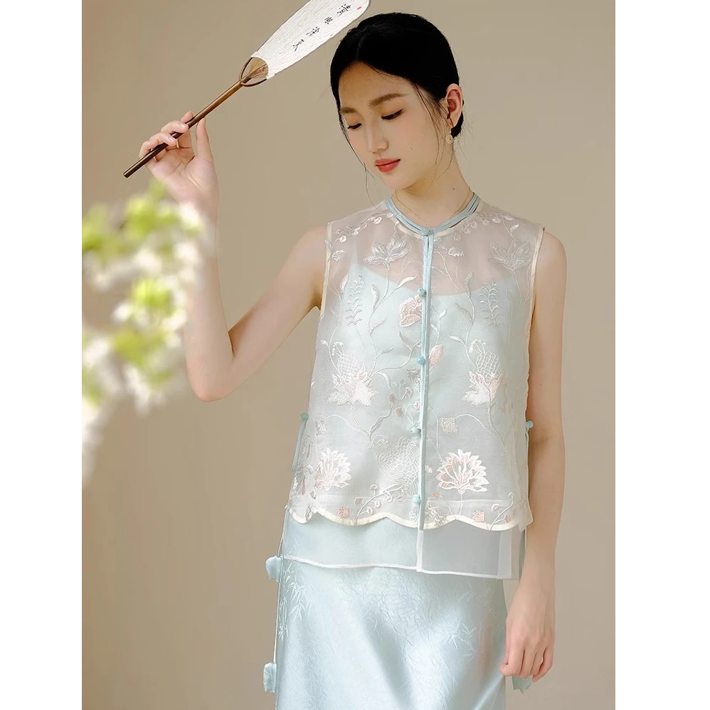 山有色“雀语”新款新中式刺绣夏季马夹圆领时尚短款常规马甲7181