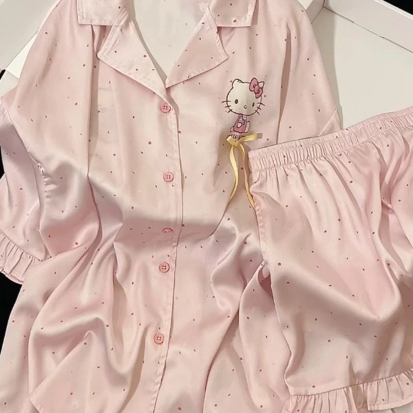 粉色波点HelloKitty冰丝睡衣女夏季2025年新款亲肤舒适家居服套装