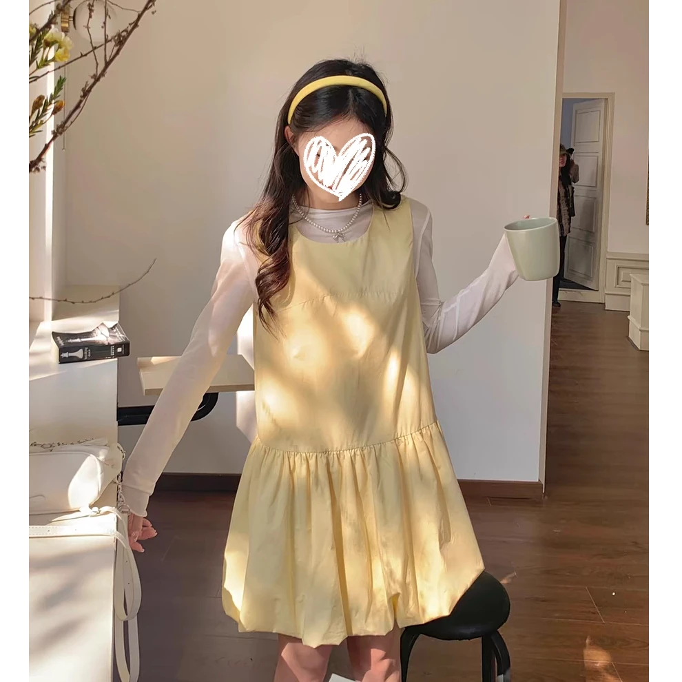 明媚少女 两色背心花苞裙女复古文艺温柔简约连衣裙（含同色发圈）