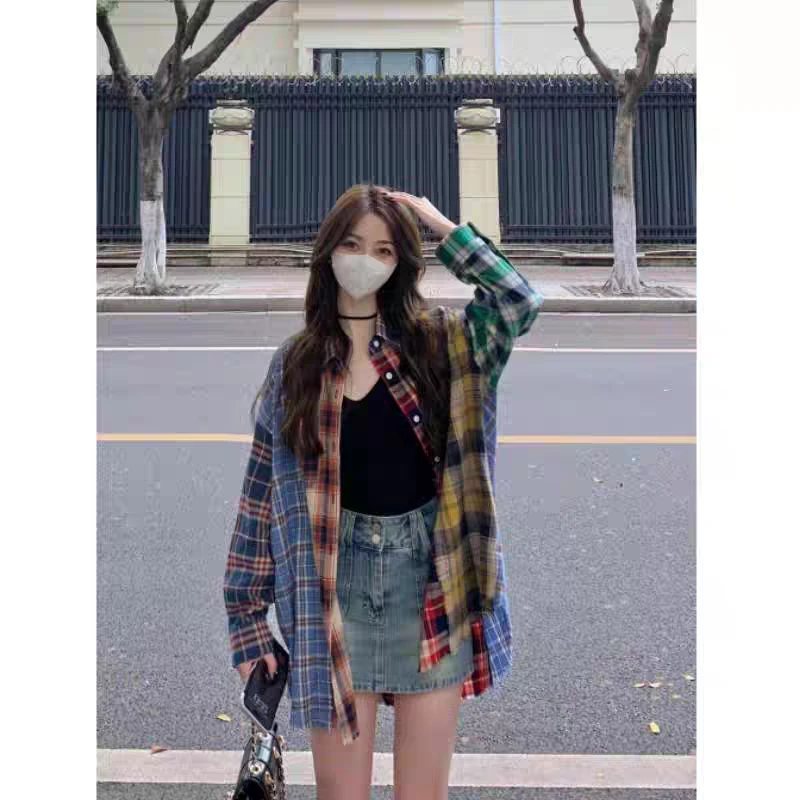美式超好看彩色格子拼接长袖衬衫女秋季独特别致高级感上衣外套