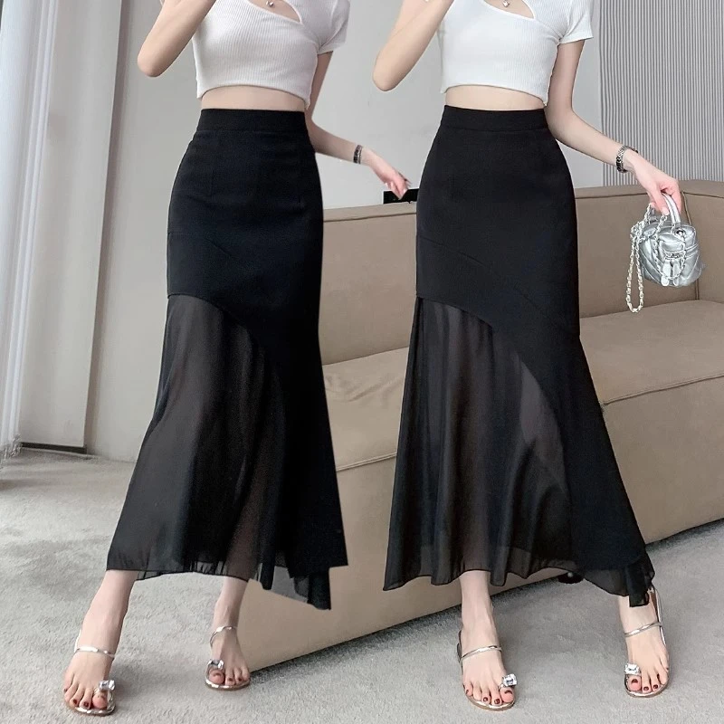 鱼尾裙半身裙女夏季中长款设计感小众显瘦高腰网纱拼接包臀一步裙