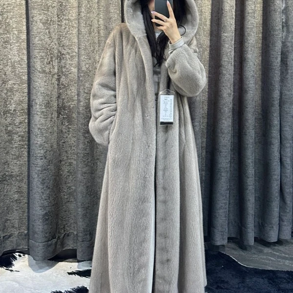 【岚帛】进口天鹅绒紫金短二过膝长款连帽外套年轻大码时尚洋气大气