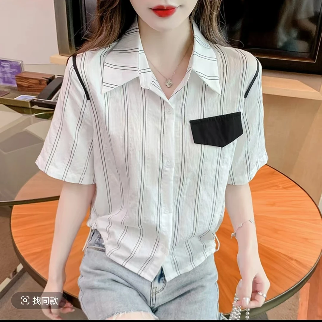 6692#夏季新款宽松领短袖条纹衬衫女时尚减龄抽绳短款上显瘦（约49