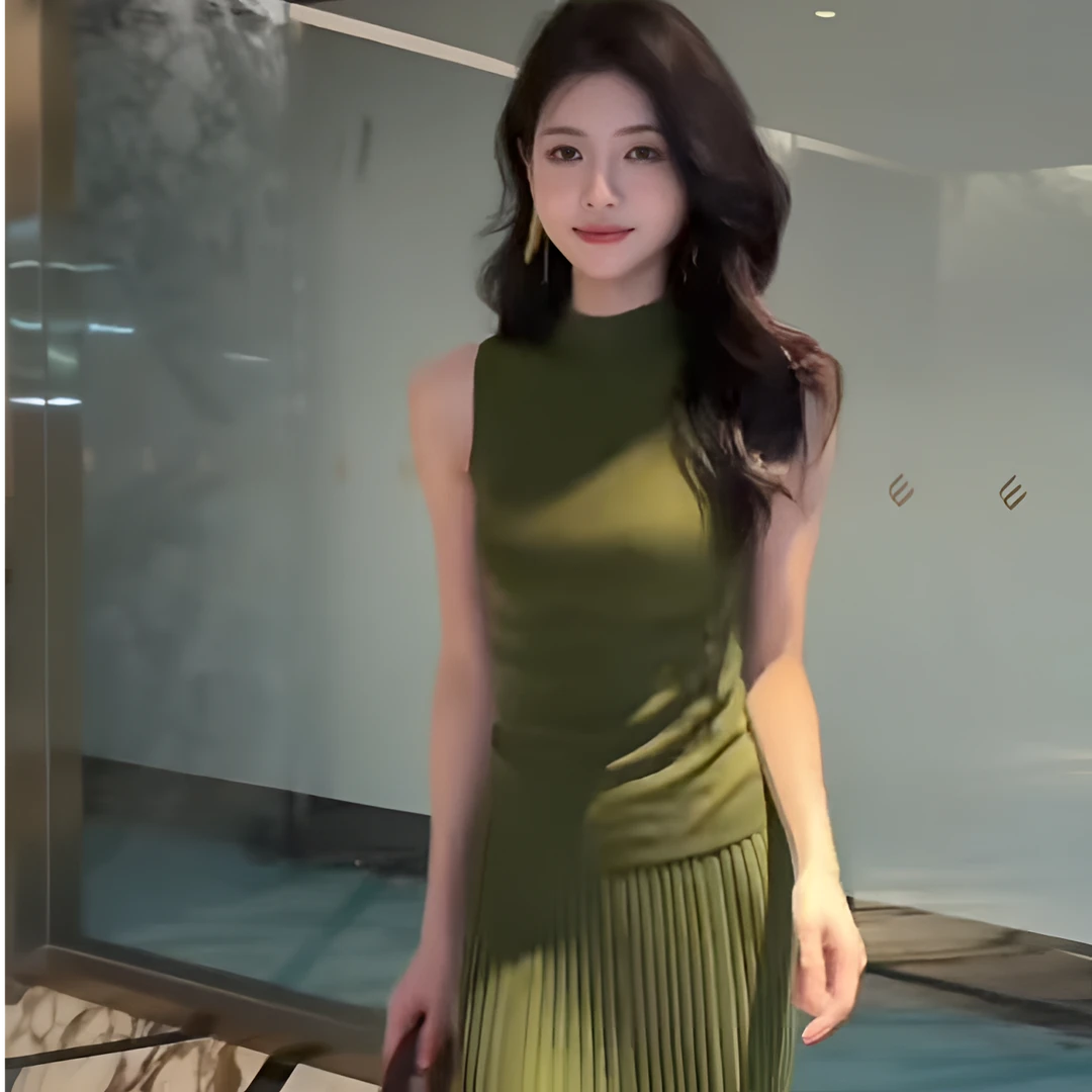 气质无袖背心薄款针织衫夏季薄款针织半身裙长裙套装两件套