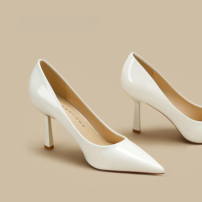 Moleubak真皮白色高跟鞋女细跟法式气质名媛不累脚小码单鞋6-8cm