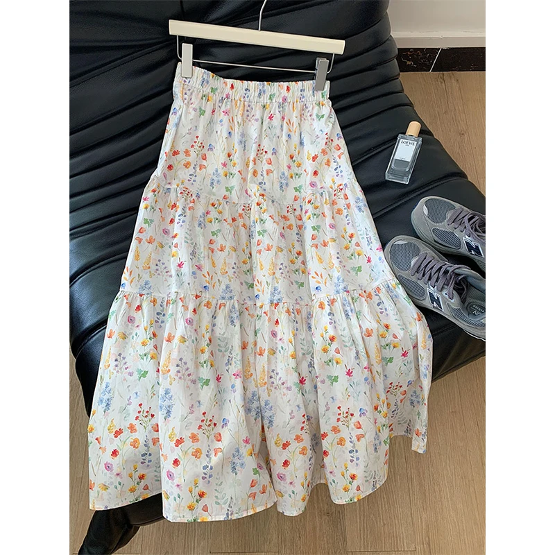 2025春季新款韩版宽松高腰橡筋设计复古感通勤显瘦百搭碎花半身裙