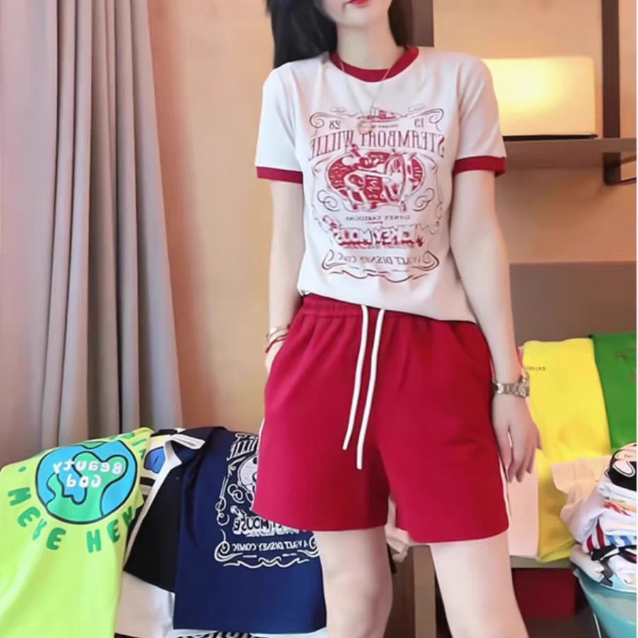 女士夏季圆领印花T恤女卡通针织棉短袖百搭宽松半袖时尚休闲装