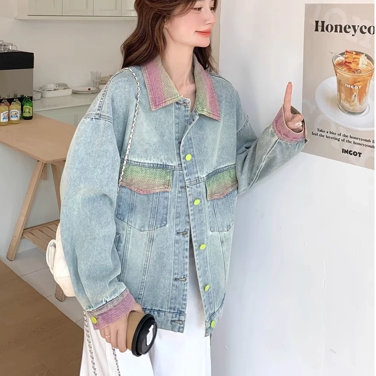 牛仔外套女2025春季新款超好看渐变撞色翻领设计感小众夹克短上衣