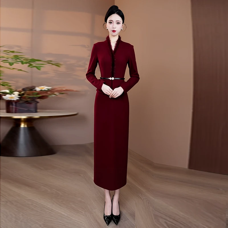 加厚毛呢连衣裙女2025秋冬真水貂毛拼接新款显瘦裙子气质修身长裙