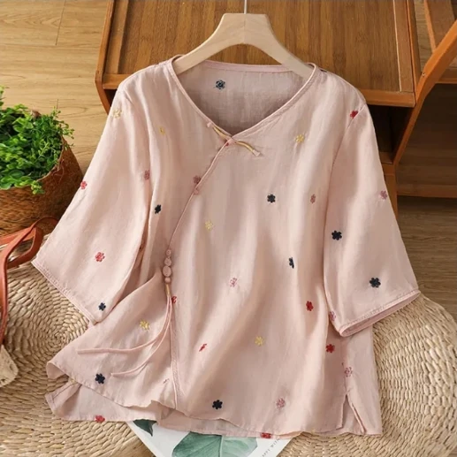 新中式国风小花刺绣花衬衫女夏季复古斜襟盘扣系带V领五分袖上衣