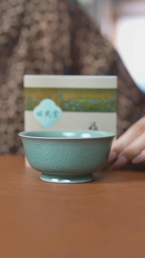 瓷片仿古翡翠绿釉故宫碗杯一级礼盒