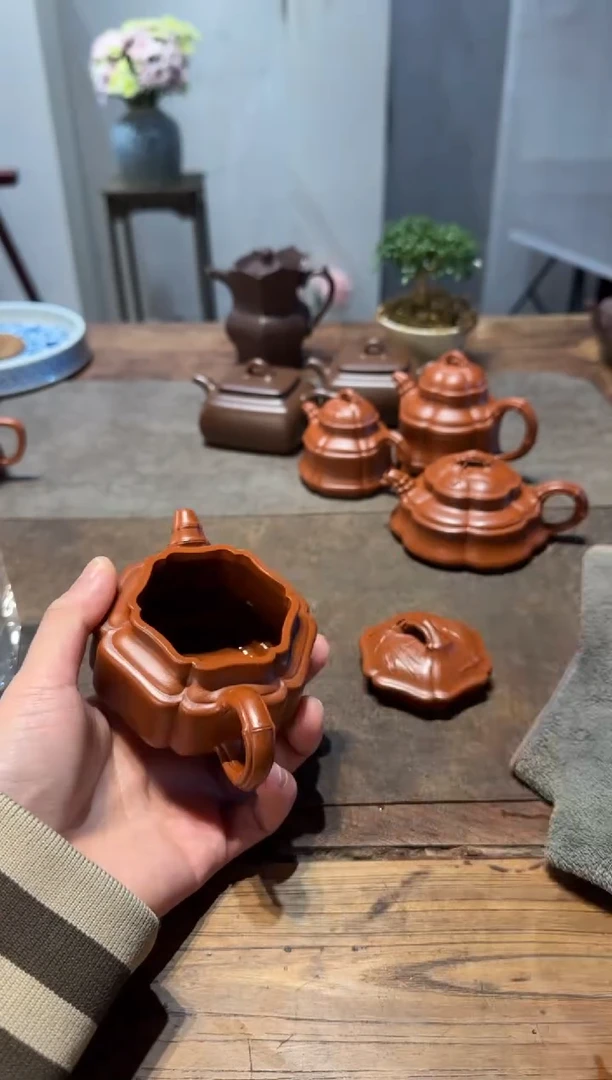 茶壶紫砂元***玩六方海棠双线竹鼓