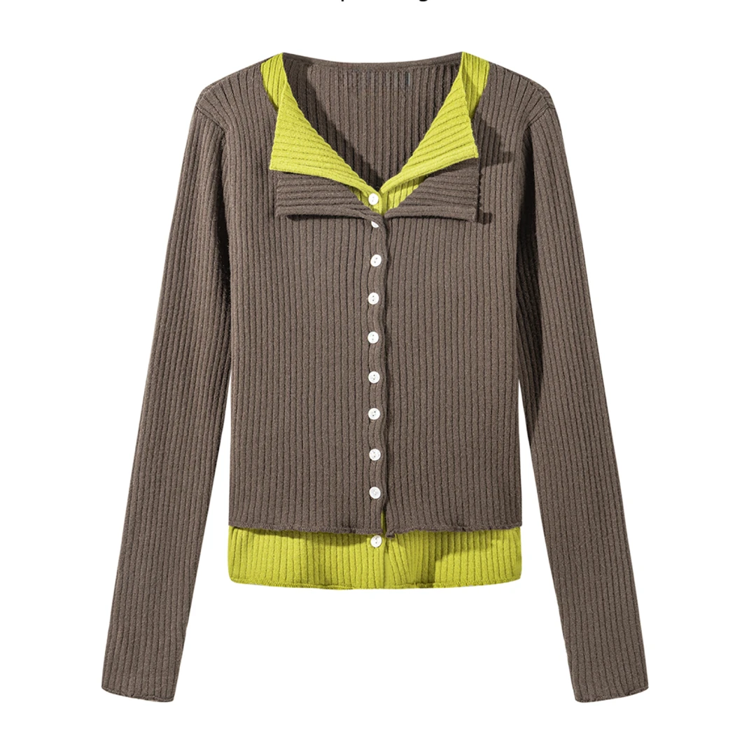 韩系设计感假两件翻领长袖针织衫女装早秋超好看单穿上衣I2-58