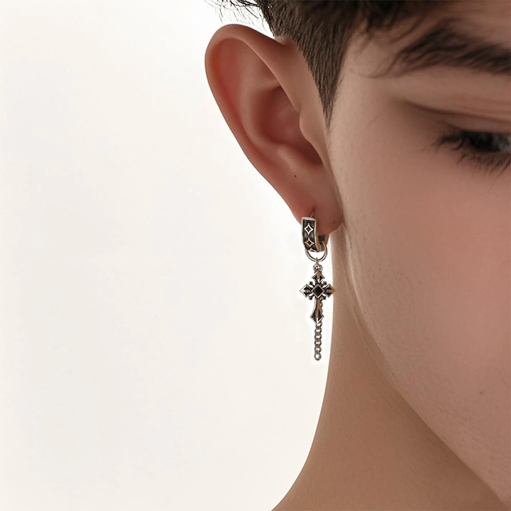 钛钢耳饰 复古耳环男士十字架耳坠酷长款耳钉吊坠设计感个性暗黑