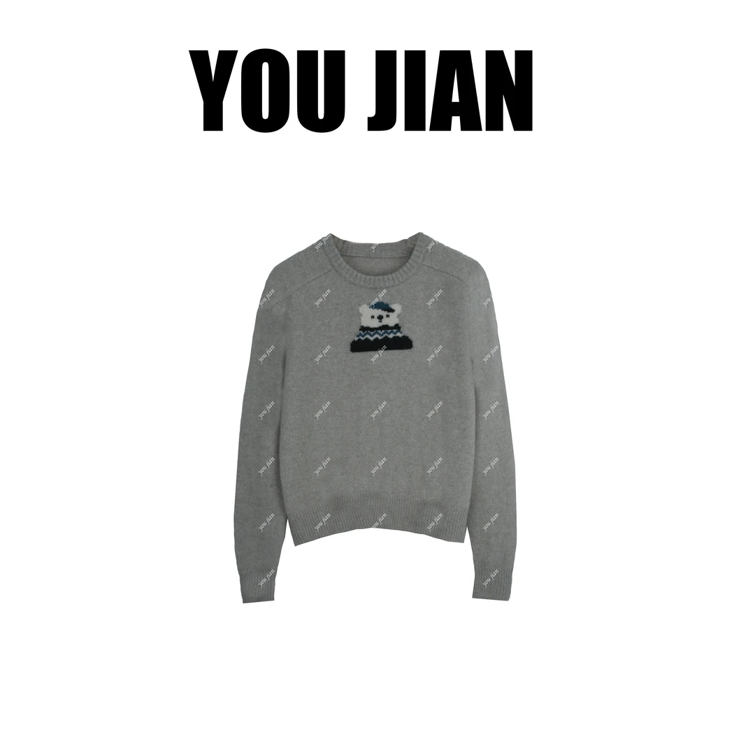 【熊宝宝】小众设计感简约慵懒风羊毛羊绒圆领毛衣提花减龄百搭