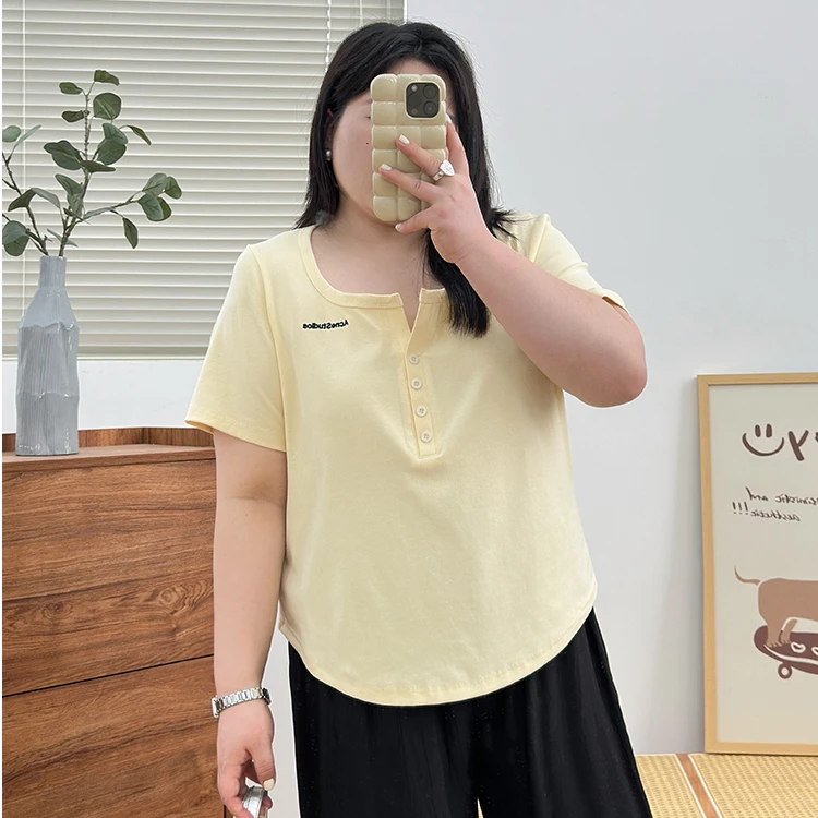 300斤特大码黄色正肩短袖上衣女胖妹妹初夏爆款2025新款遮肚子T恤