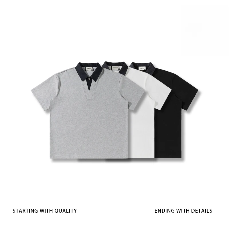 夏季美式国潮凉感面料撞色牛仔领polo衫男设计款轻奢上衣Z2709