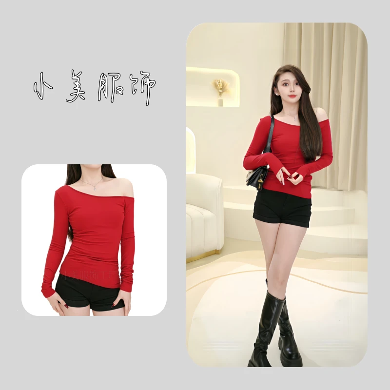 红色斜肩长袖t恤女秋冬纯欲甜辣妹修身显瘦打底衫内搭性感小上衣