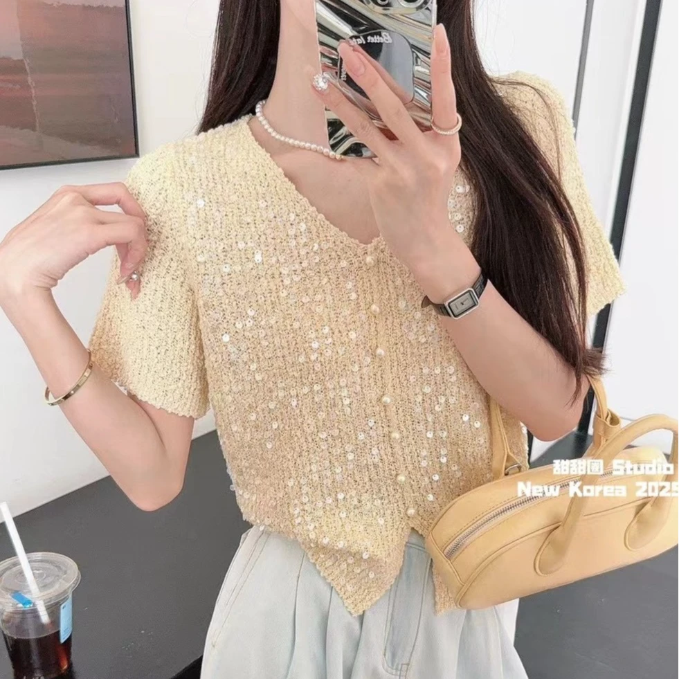 夏季新款洋气百搭v领珍珠扣重工亮片针织衫上衣女慵懒风垂感开叉