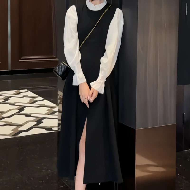 黑色连衣裙初秋高级感收腰茶歇法式风拼接显瘦长裙子女大码遮肉肉