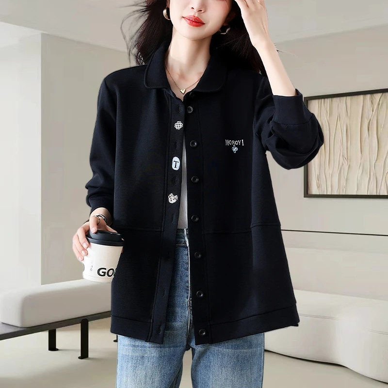 2025秋冬季新款大码女装宽松显瘦时尚休闲气质百搭翻领刺绣外套潮