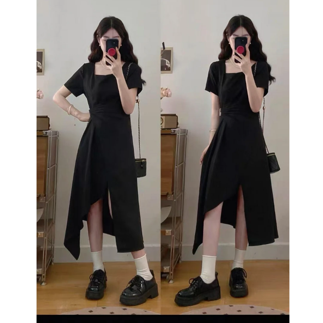 大码黑色一片式褶皱显瘦收腰方领斜纹收腰A字连衣裙