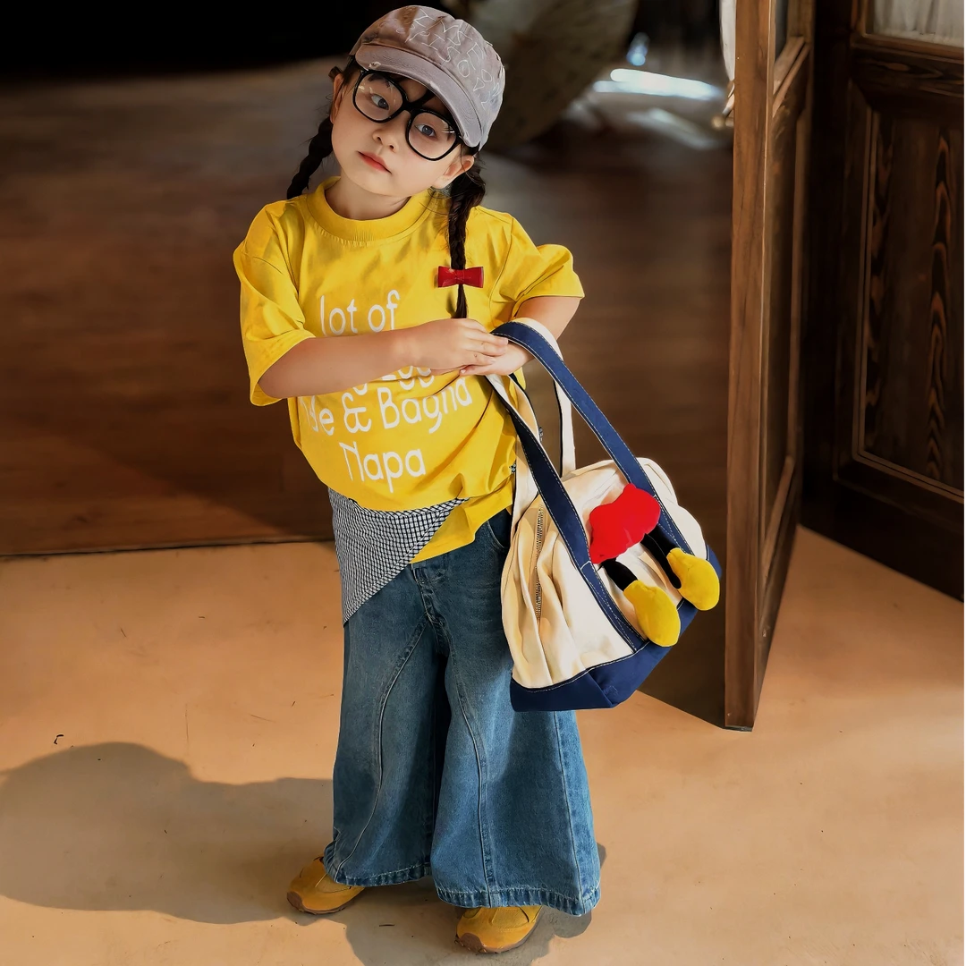 壹妈韩版童装女童夏季套装洋气儿童黄色印花t恤短袖上衣牛仔裤潮