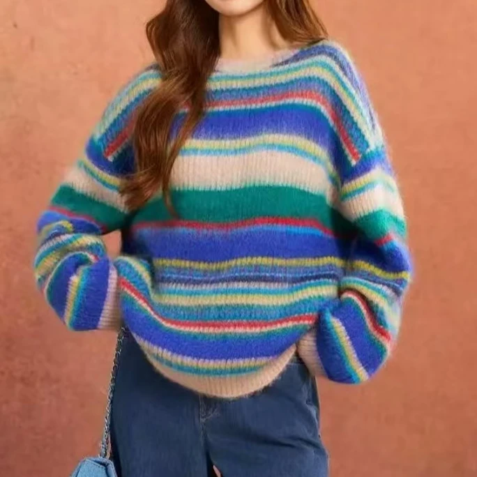 GIRDEAR/哥弟138098  新款秋冬慵懒风百搭经典拼色套头长袖毛衣女