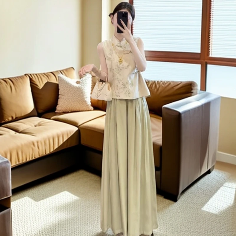 2025超火夏装套装女新中式国风刺绣盘扣无袖上衣高腰阔腿裤两件套