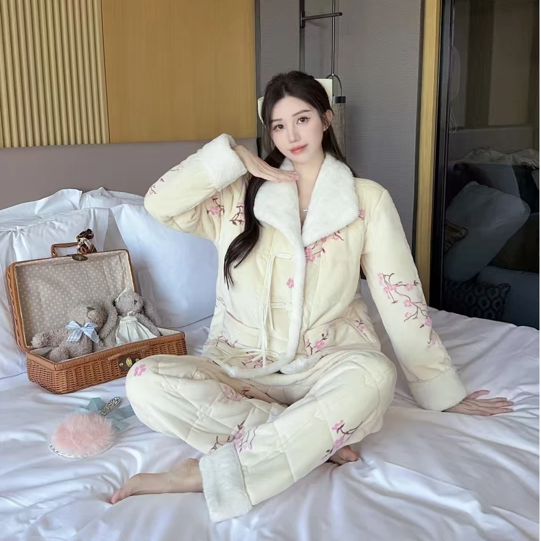 【梅花】羊绒桑蚕丝梅花睡衣可外穿三层夹棉国风居家服-JM