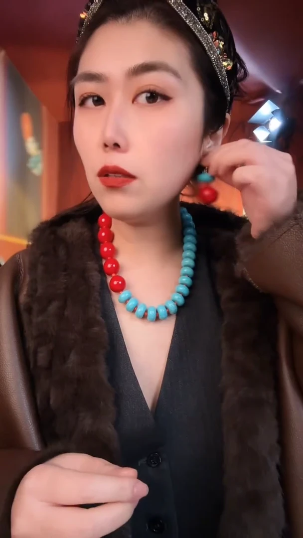 合金无合金复古百搭蓝红撞色项链耳针套装