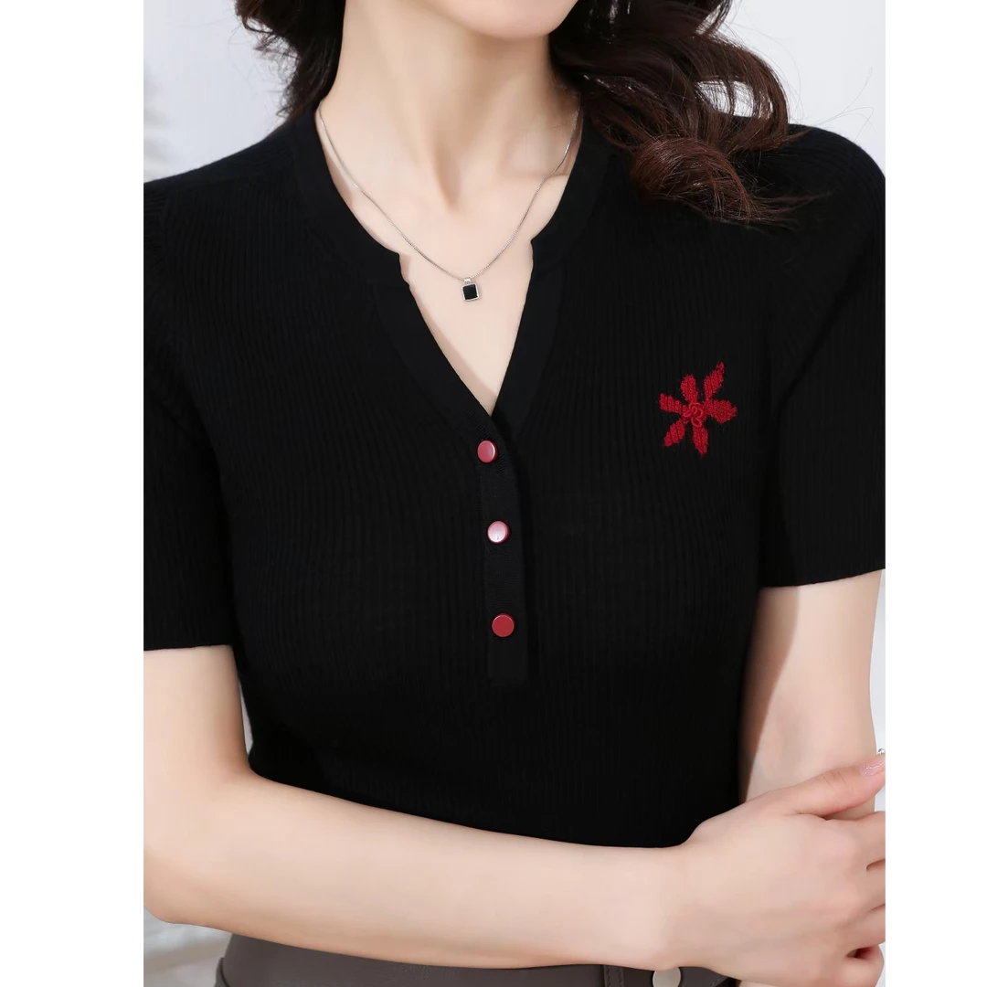 夏季翻边袖法式风净色毛针织衫上衣洋气短款毛衣打底衫女装233002