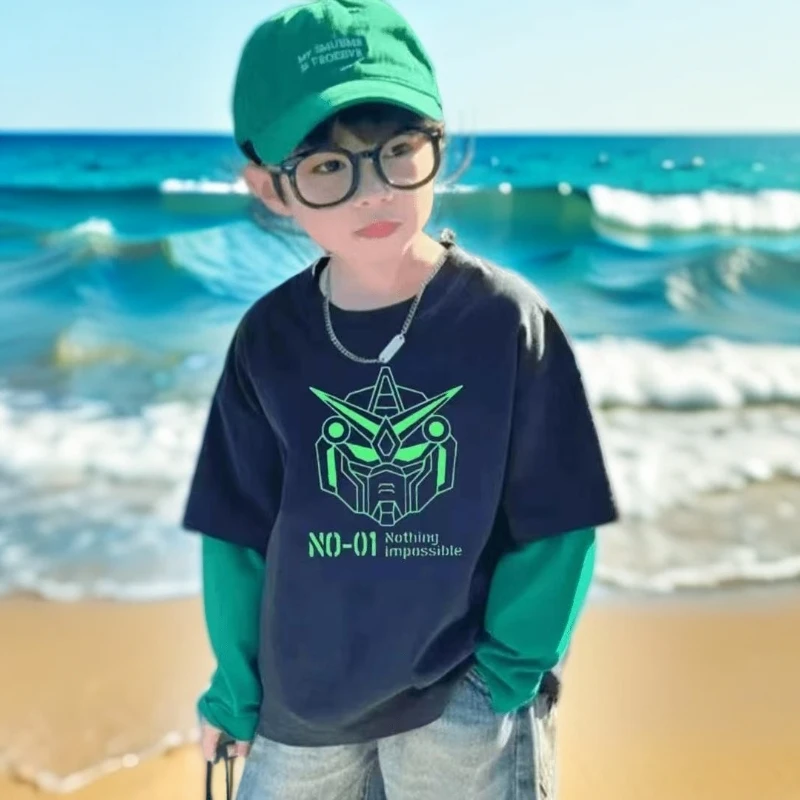 男童长袖假两件T恤春秋新款卡通儿童秋装撞色休闲打底衫中大童t恤