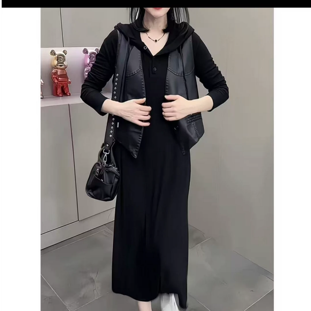 2303-两件套（马夹+帽衫裙）大码重工连衣裙