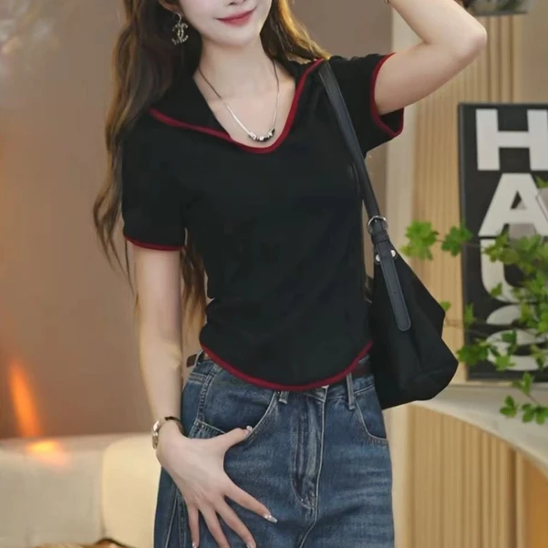 短袖T恤百搭时尚小卫衣女洋气显瘦春秋撞色拼接连帽立体线条1070