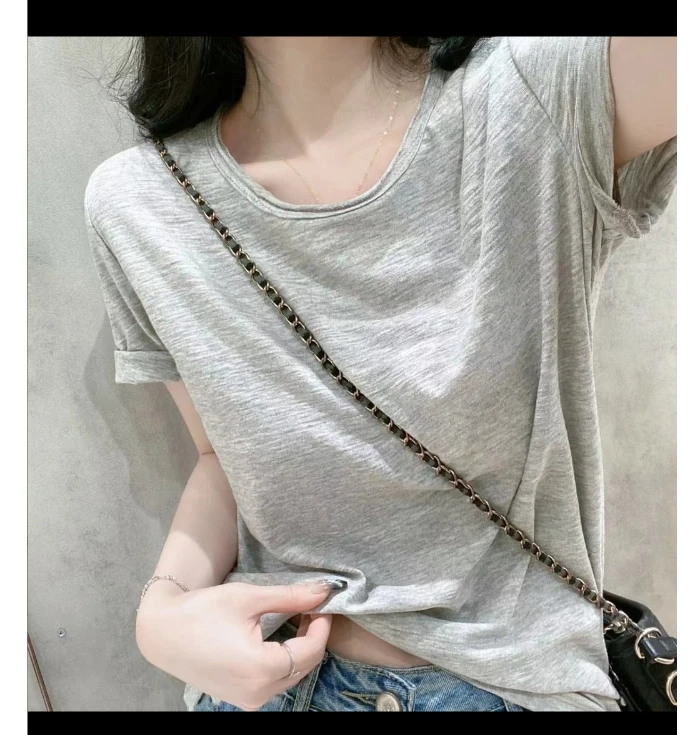 棉白色短袖T恤薄款ins大码女装微胖妹妹宽松显瘦纯色正肩上衣