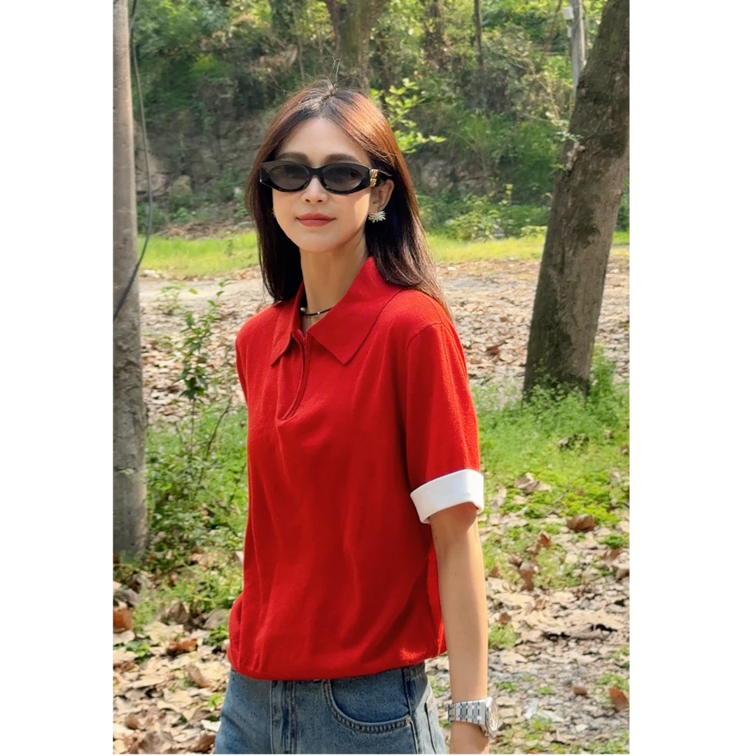 LYXZ x 大小与【悦己】春季新款时尚翻领半拉链针织短袖75336