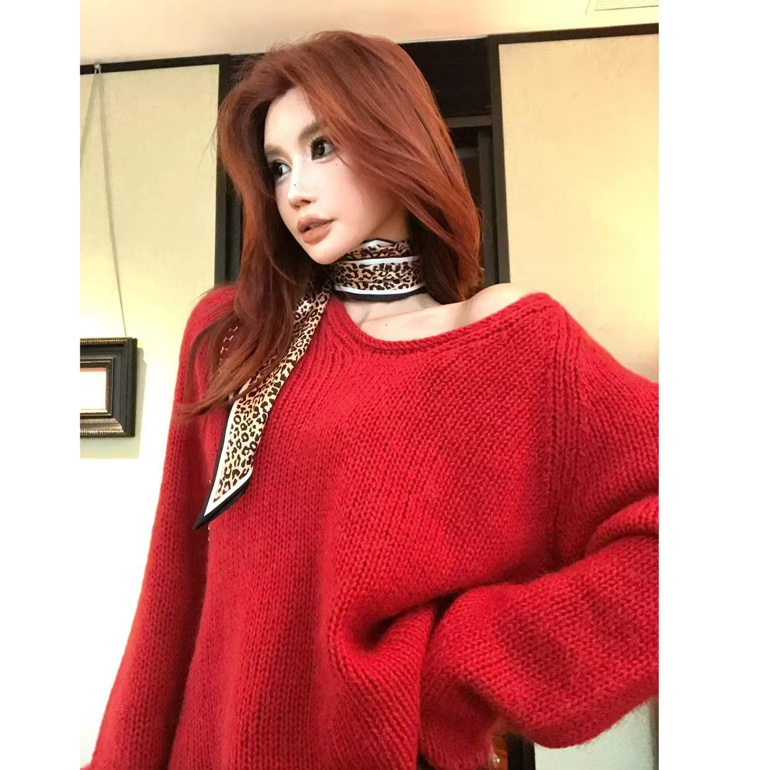 婉君【红色v领羊毛毛衣】“羊毛+马海毛”手工编织毛衣LWJ25D4M3950