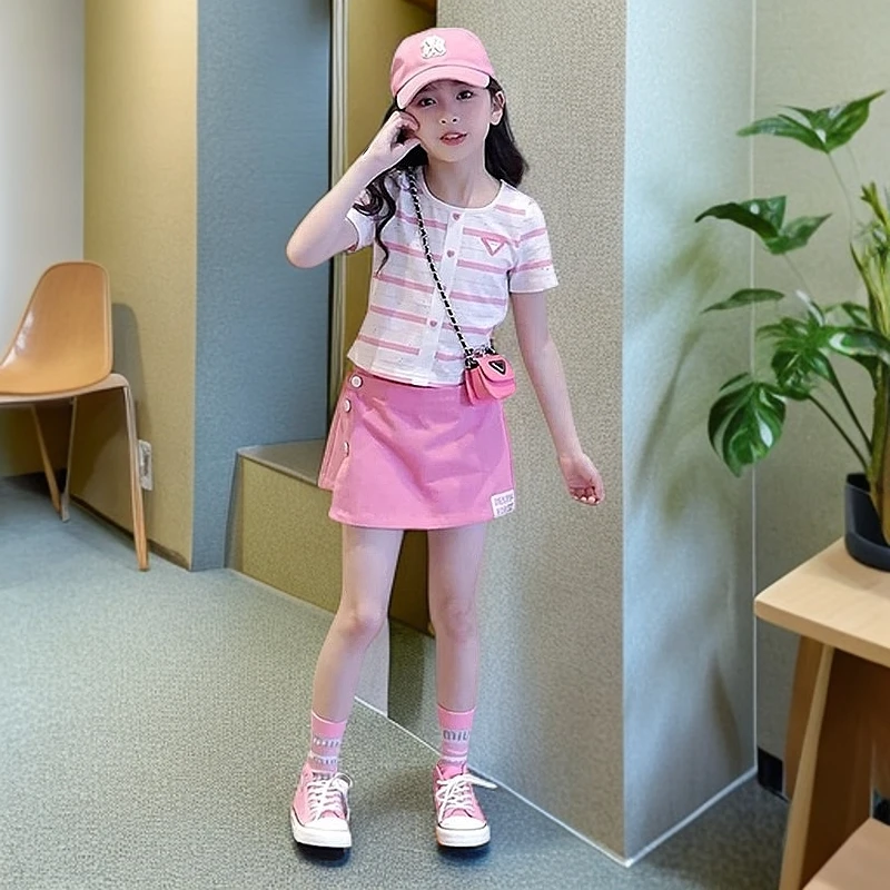 女童裙裤套装夏季2025新款洋气儿童条纹短袖女孩多巴胺穿搭两件套