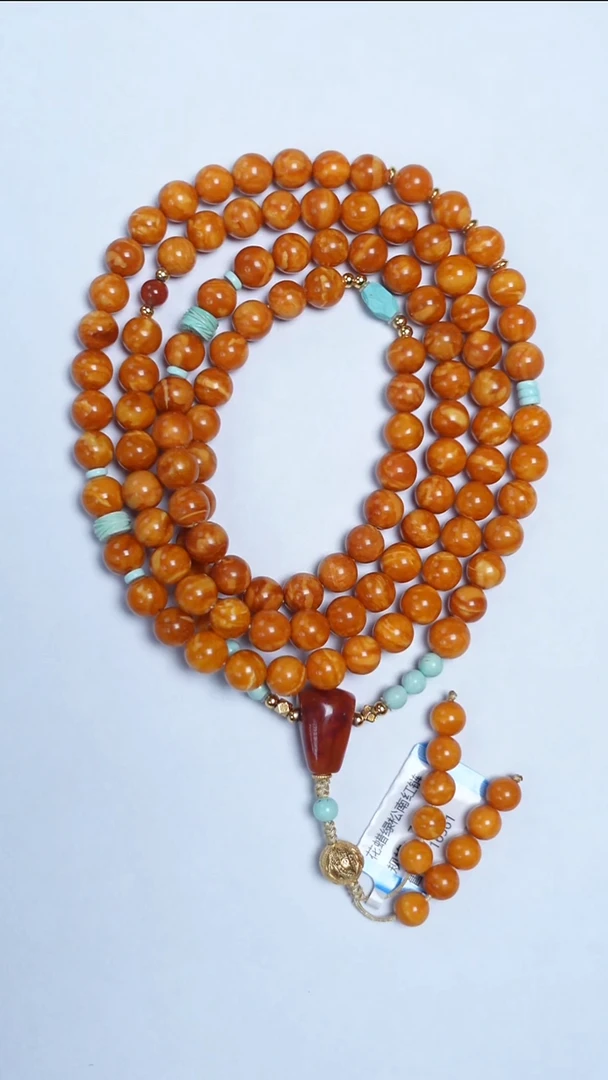 蜜蜡颈饰未镶嵌花蜡绿松108项链7mm