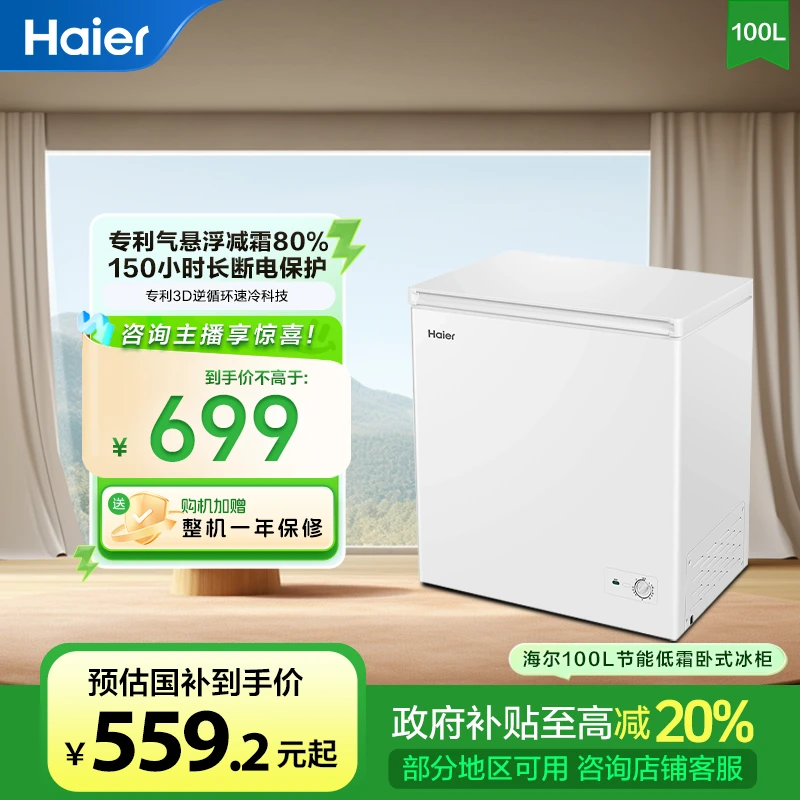 【国补立减20%】海尔100升速冻大容量减霜一级两用家用小型冰柜冷柜