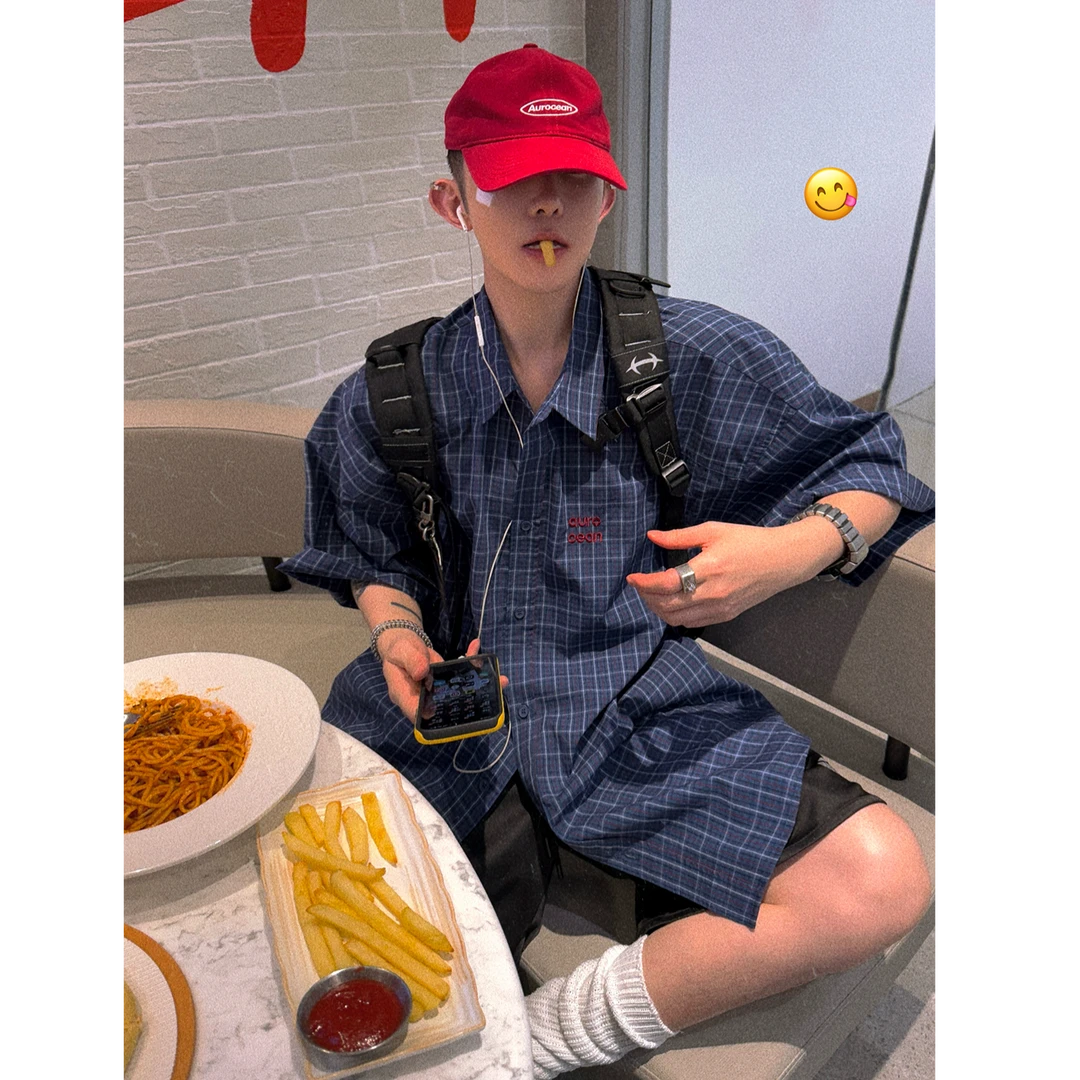 Aurocean 学院少年感小格子短袖衬衫 轻凉纯棉宽松红蓝撞色衬衣