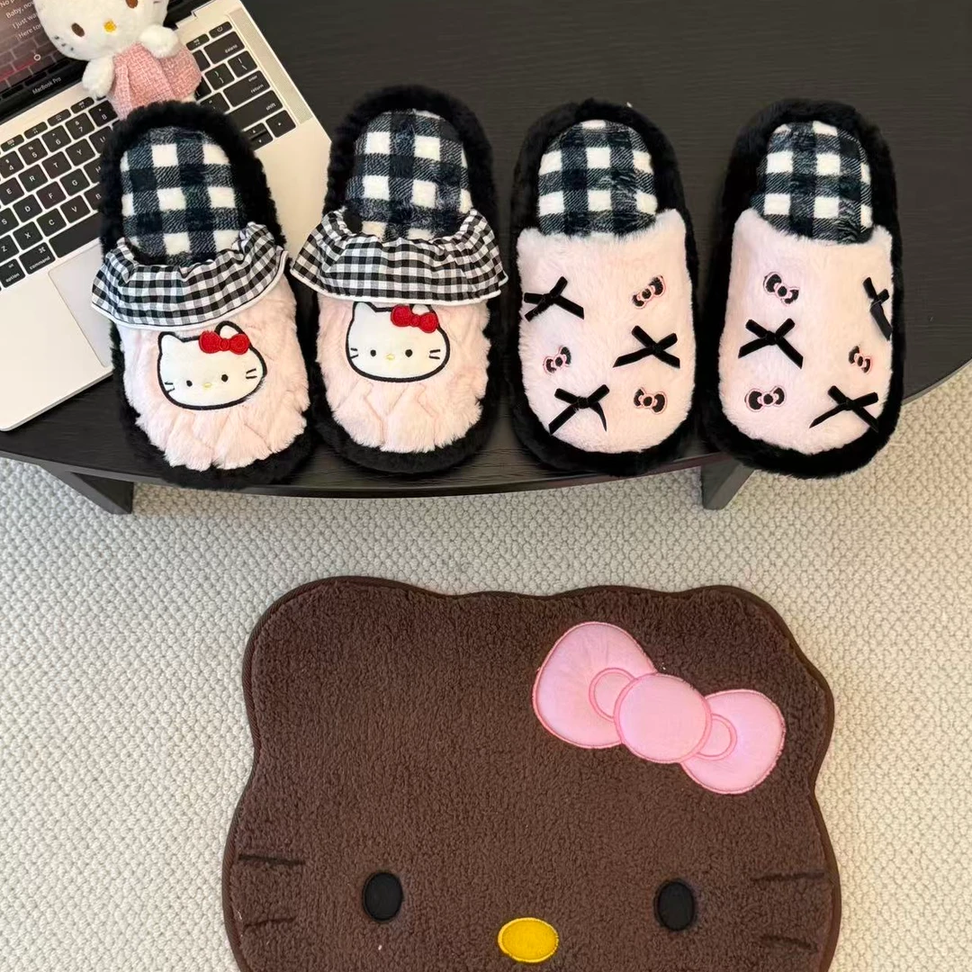 软萌kt酱~！少女心蝴蝶结ins可爱棉拖鞋女冬季保暖包头毛毛拖鞋