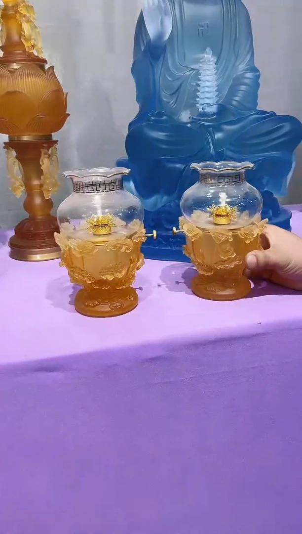 【闪购商品】泥塑古法琉璃荷花油灯大号一对摆件